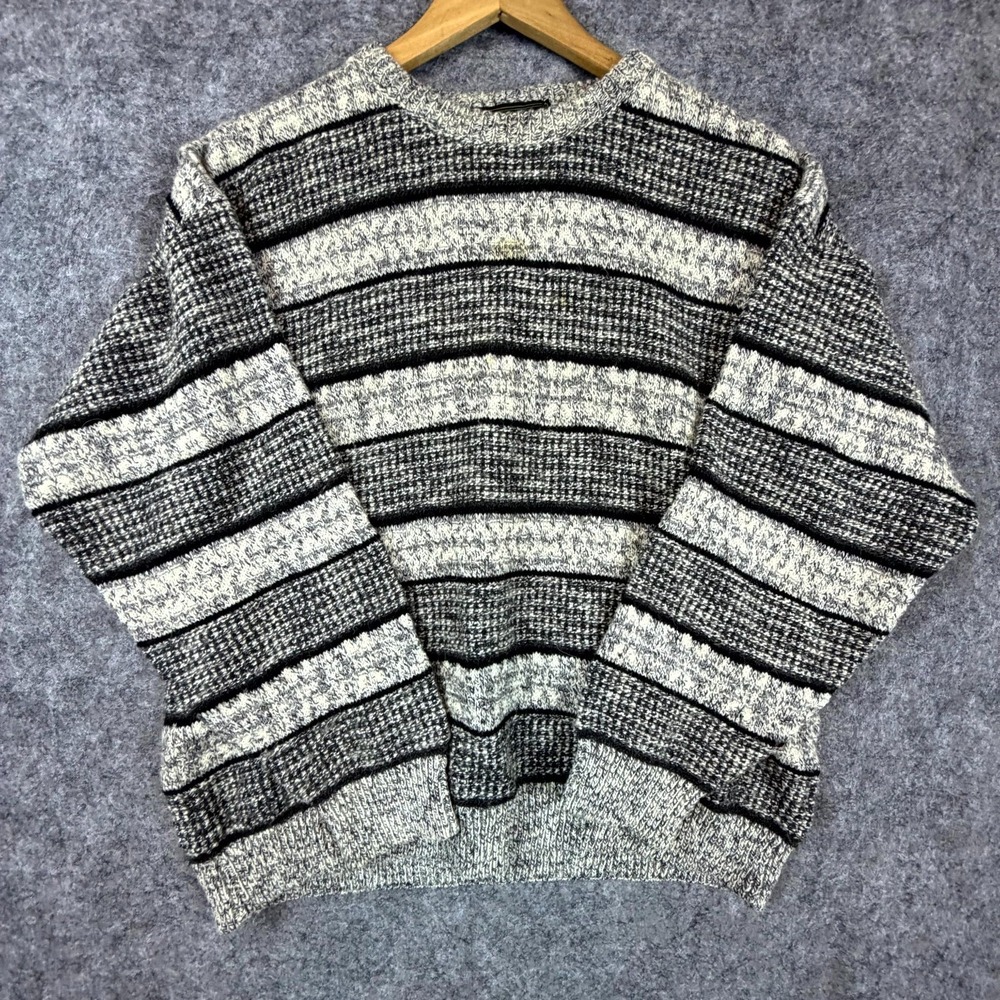 Vintage Maglieria Fastoni Sweater Mens Medium Black Gray Striped Grandpa 90s Dad